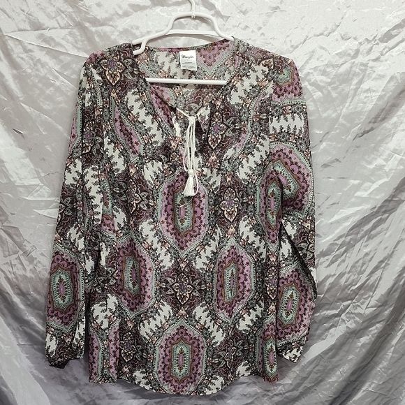 Wrangler Tops - Wrangler Paisley Peasant Top Purple Turquoise Tie Neck Womens SZ L
